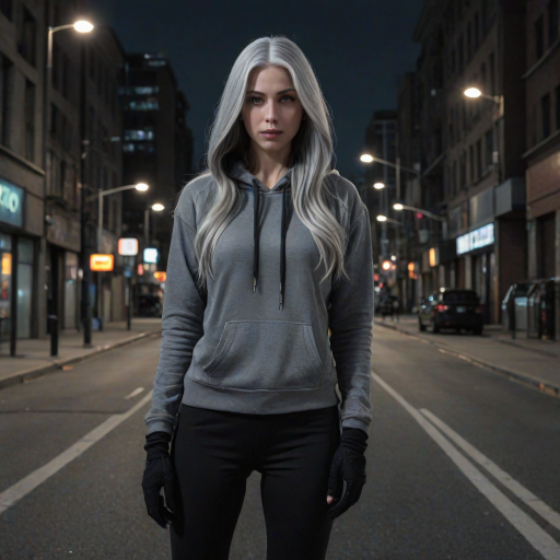 (long straight gray hair:1.2), (bright gray eyes:1.2), (Supergirl:1.2), (black hoodie:1.2), (hood up:1.2), (black half fingers gloves:1.2), (black tight pants:1.2), (black sneakers:1.2), 8k, professional photography, mesmerizing photo, intricate details, hyper realistic, (close shot:1.2), (city at night:1.5), (empty street:1.5), bleak tone, grim tone