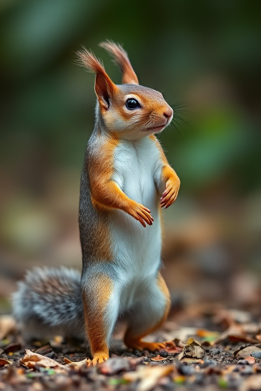 squirrel standing on hind legs, sharp focus on details, natural habitat, f/4, ISO 100, 1/250s, 85mm lens, DSLR camera, soft natural light