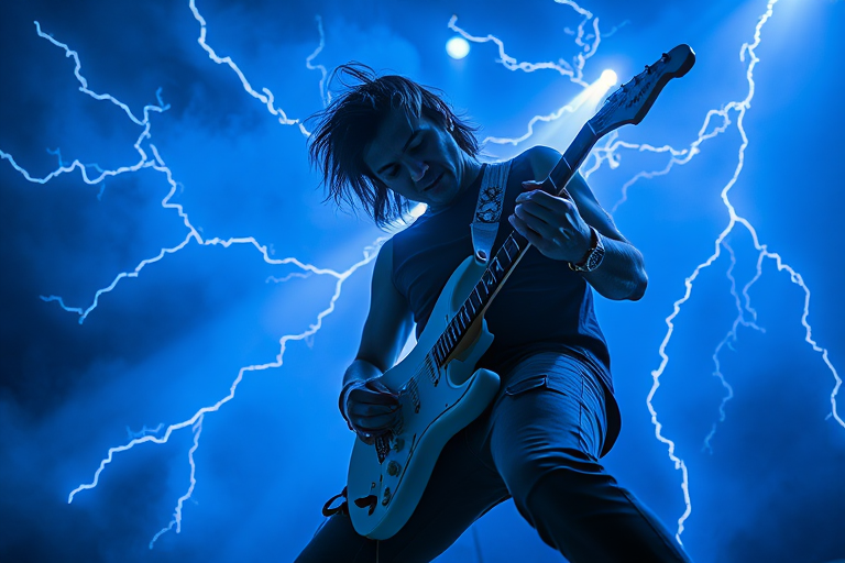 Create an image of a rock musician playing an electric guitar surrounded by dramatic lightning effects and glowing blue light, captured with a Canon EOS R5 at f/1.8, 1/125 sec, ISO 400, in a dynamic low-angle perspective for a powerful effect.