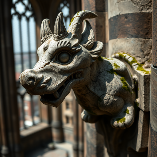create an ultra-realistic and very detailed photograph of a very old stone gargoyle in a cathedral. the stone is a little worn, with some broken parts. cracks. moss. the background is a blurred image of the city. It includes shadows and contrasts to make the image more realistic