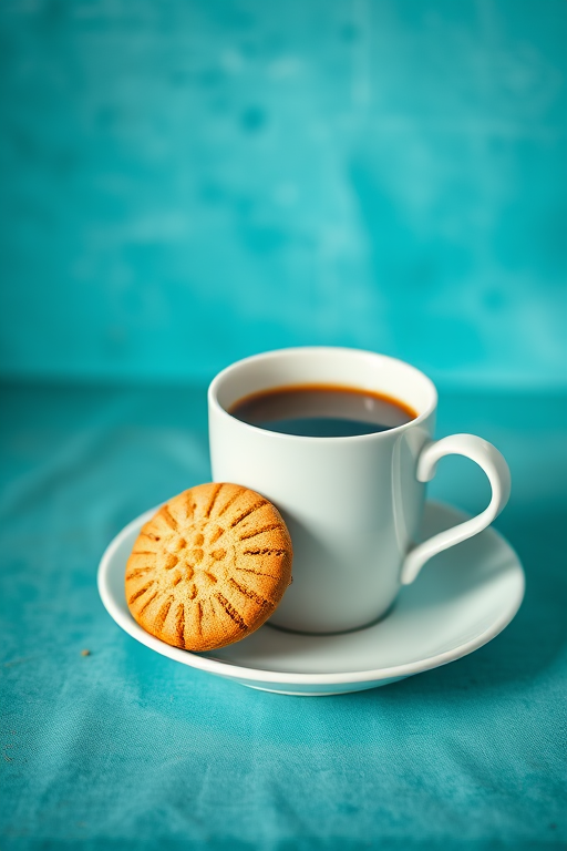 A steaming cup of coffee with two cookies on a plate, turquoise textured background, soft lighting, depth of field, ISO 200, aperture f/2.8, 50mm lens, DSLR camera.