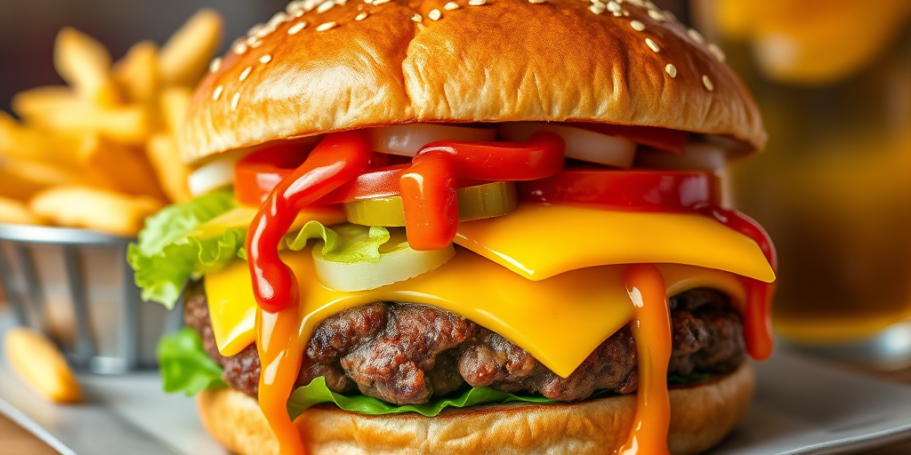 High-resolution, close-up image of a gourmet double cheeseburger. The burger features a glossy, sesame-seed-topped brioche bun. Inside, there are two thick, juicy beef patties, each topped with melted cheddar cheese. The burger is garnished with fresh lettuce, tomato slices, diced onions, and pickles. A generous amount of ketchup and a creamy, orange-colored sauce is dripping down the sides, adding to the mouth-watering appeal. In the background, there are blurred elements including a side of golden French fries and a hint of a beverage, enhancing the overall presentation of a delicious meal.