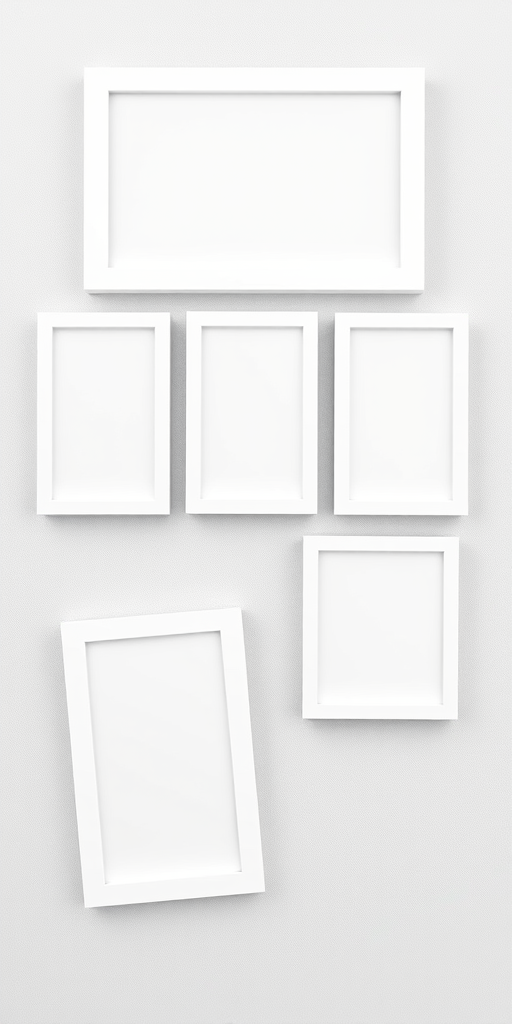 Create a high-resolution image of five blank photo frames with white borders on a transparent background, using a DSLR camera with a 50mm lens at f/1.8, ISO 100, and a shallow depth of field for a soft background effect.
