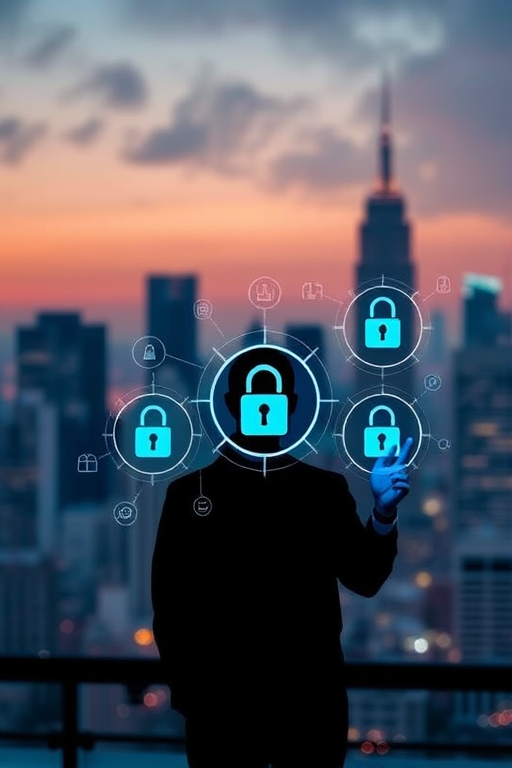 create an image of a silhouette of a person interacting with digital icons representing technology and security in front of a modern cityscape, use a Canon EOS R5 camera with a 50mm lens, aperture f/1.8, ISO 200, and a shallow depth of field for high detail and clarity.
