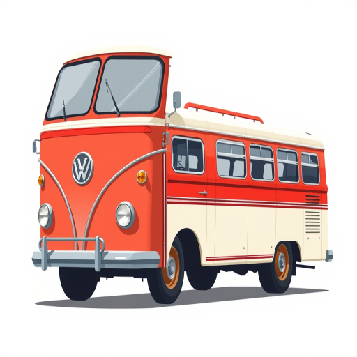 Create a detailed illustration of a classic bus with a red and white color scheme, using a flat design style and vector graphics, captured with a 50mm lens at f/8, ISO 100, and a side view to enhance clarity and sharpness.
