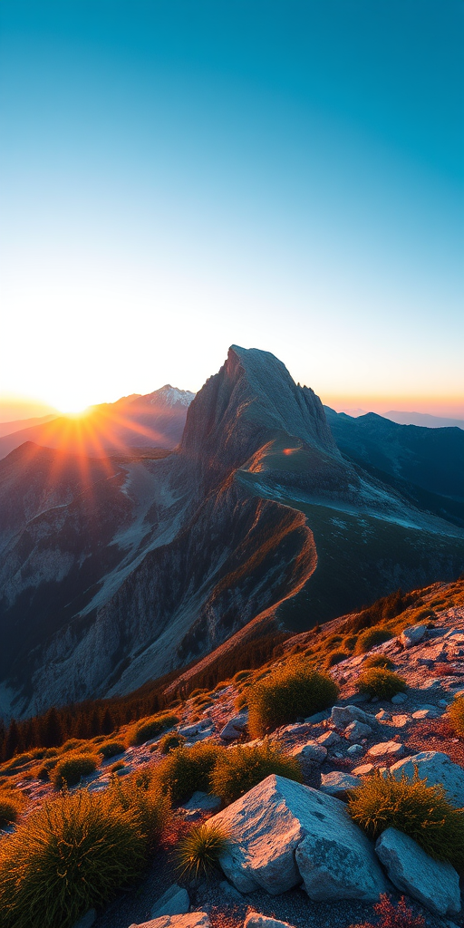 Create a high-resolution image of a serene mountain landscape at sunrise, with a wide-angle view, using a digital SLR camera set to ISO 100, aperture f/11, and shutter speed 1/125 sec for optimal clarity and depth.