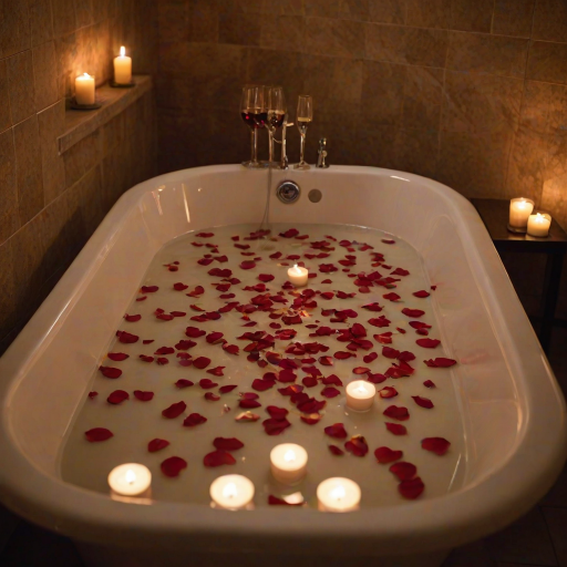 Warmly lit photo of a luxurious bathtub filled with bubbles and rose petals, soft candlelight casting warm shadows on the tiles, with a glass of wine on the edge.