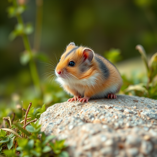 Create a highly detailed image of a cute, fluffy hamster sitting on a rock surrounded by greenery, captured with a Canon EOS R5, 85mm lens, aperture f/1.8, ISO 100, natural soft lighting, shallow depth of field for a dreamy background.