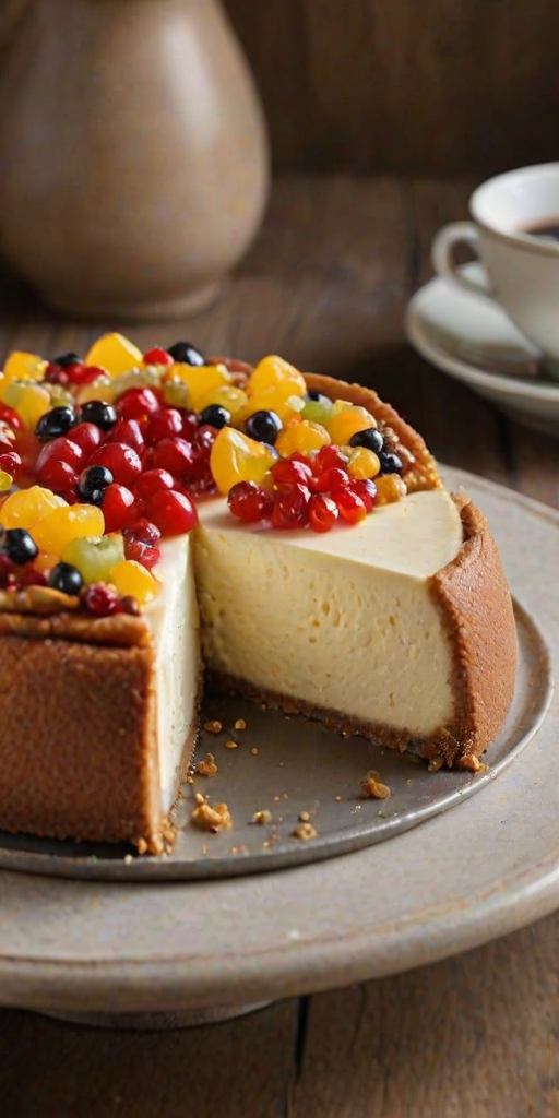 Create an image of a round cheesecake with a golden-brown crust and topped with small pieces of candied fruit. The cheesecake should have a smooth, creamy texture and a slice removed to show the inside. The background should be softly blurred with a rustic kitchen setting.