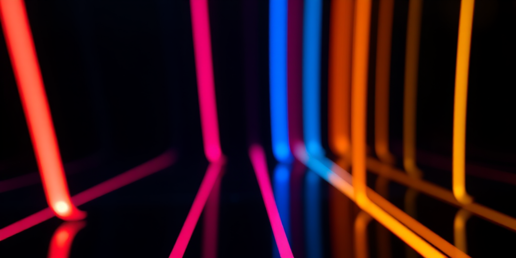 Generate a high-resolution abstract image of a dark background with a grid of glowing lines in varying colors, using a DSLR camera with a 50mm lens, f/1.8 aperture, ISO 100, and a shallow depth of field, captured from a low angle perspective to emphasize depth and texture.