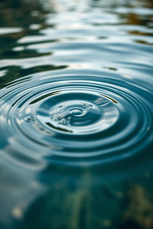 Capture a close-up view of water ripples in a serene environment, using a DSLR camera at f/5.6 aperture, ISO 100, and a shutter speed of 1/250s in natural lighting to enhance color vibrancy and detail.