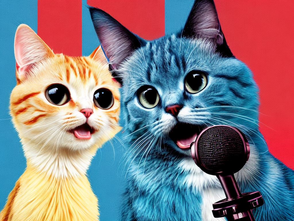 Cat singing into a microphone in a studio with a red white and blue ...