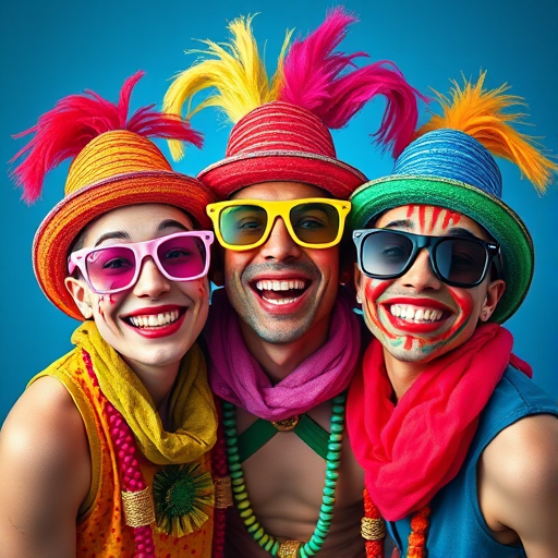 Create a vibrant portrait of three joyful performers wearing colorful hats and exaggerated sunglasses, with bright facial paint and big smiles, set against a bold blue background, captured with a DSLR camera at f/2.8 aperture, 50mm lens, in natural light for enhanced colors and contrast.