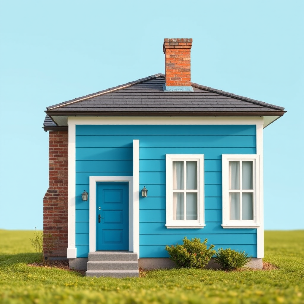 Generate an enhanced image of a stylized blue house with a chimney, taken with a DSLR camera at f/8 aperture, ISO 100, 24mm lens, in natural daylight from a slightly elevated angle for a three-dimensional effect.