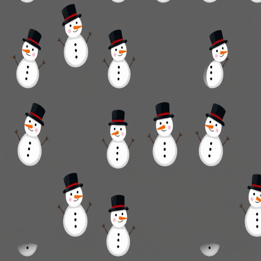 Create a seamless pattern of cheerful snowmen wearing black top hats on a dark gray background, high resolution, DSLR camera, 50mm lens, f/8 aperture, ISO 100, soft natural lighting.
