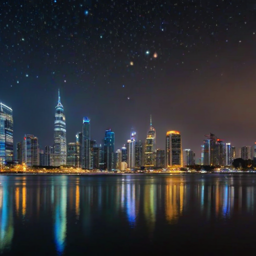 Dramatic city skyline at night, illuminated by a myriad of lights, with skyscrapers reaching towards the starry sky, and a river reflecting the vibrant colors of the buildings.