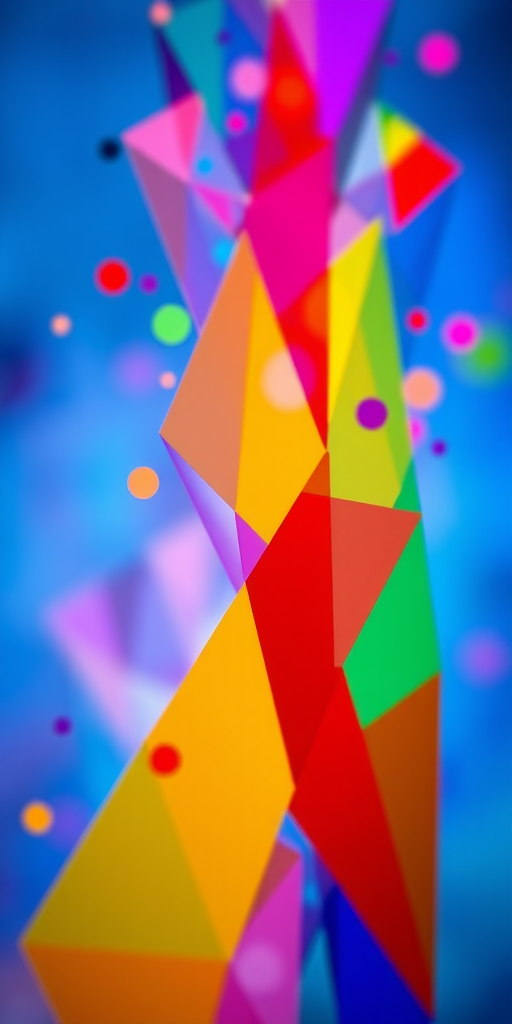 Create an abstract digital art piece with vibrant colors and geometric shapes, using a Canon EOS R5, 50mm lens, f/1.8 aperture, ISO 100, with a shallow depth of field for a soft background blur.