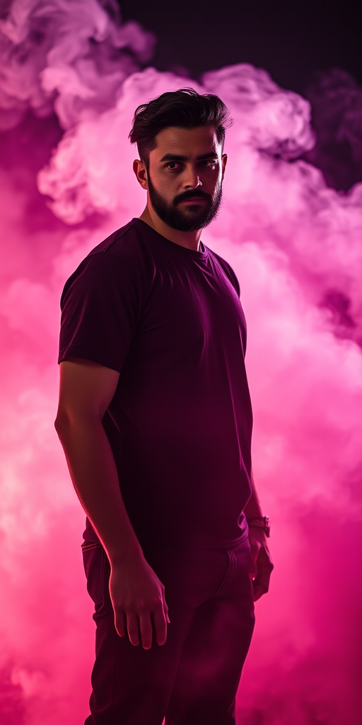 A man standing with a shadow in a colorful smoke background, soft focus, aperture f/1.8, shutter speed 1/200s, ISO 100, 50mm lens, portrait mode, high dynamic range imaging.
