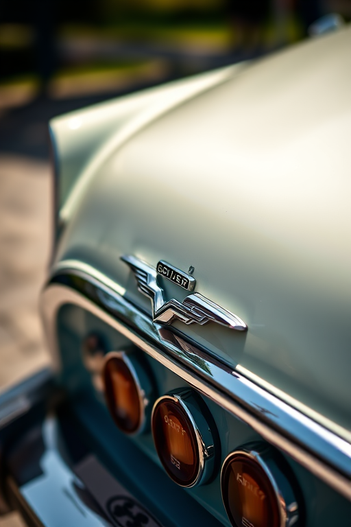 Regenerate the image of a classic car tail with a focus on the rear emblem, using a DSLR camera with a 50mm lens at f/1.8, ISO 100, with a shallow depth of field, shot in natural sunlight for enhanced clarity and color vibrancy.