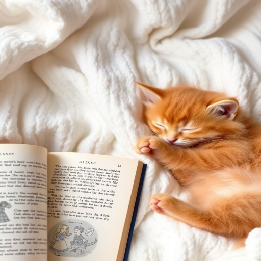 A fluffy orange kitten sleeping peacefully on a soft white blanket with its paws in the air next to an open book featuring text from Alice's Adventures in Wonderland. The kitten has a content expression, and the book pages show illustrations and text, creating a cozy and whimsical scene.