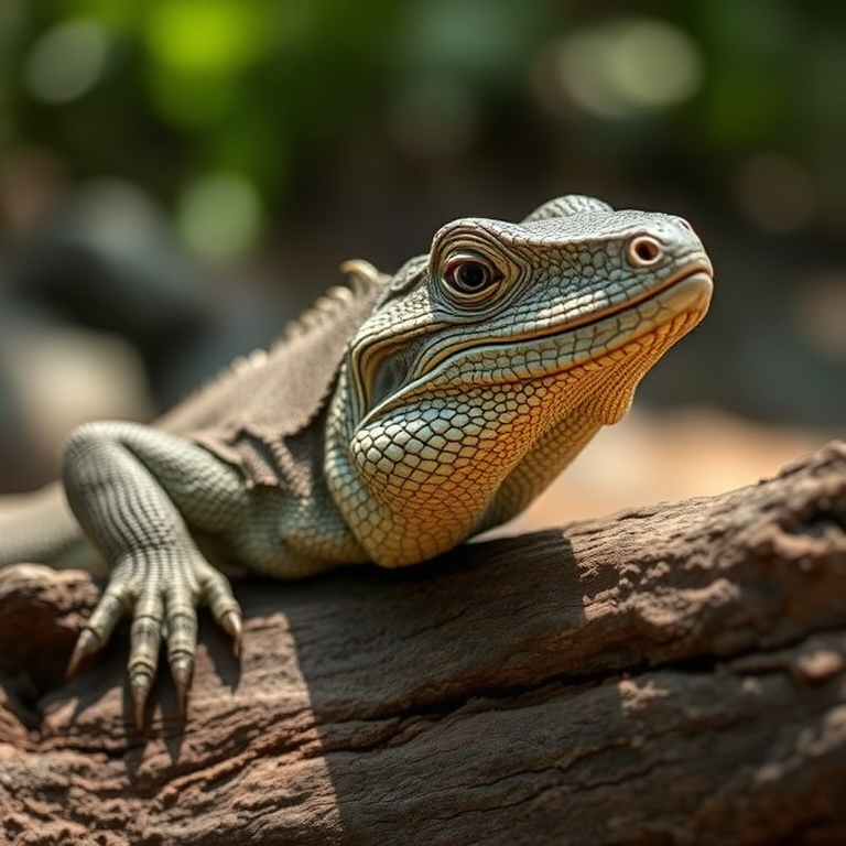 a close-up of a Komodo dragon resting on a log in natural lighting, focus on texture and detail, 50mm lens, aperture f/2.8, ISO 200, shot in portrait orientation with a shallow depth of field, using a DSLR camera