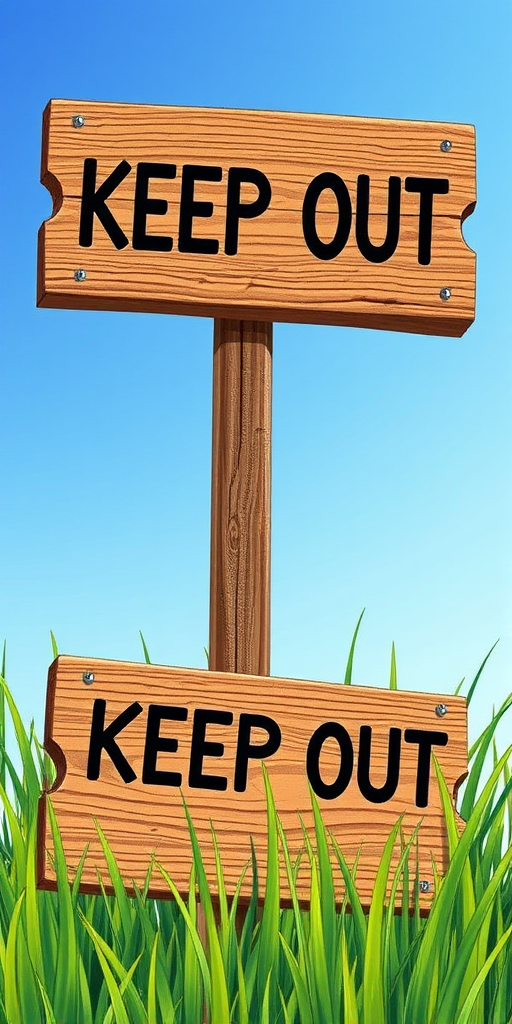 Create a detailed illustration of a "KEEP OUT" wooden sign with clear, bold lettering, surrounded by vibrant green grass under a bright blue sky, captured with a DSLR camera at f/2.8 aperture, 24mm focal length, and ISO 100 for optimal clarity and depth of field.