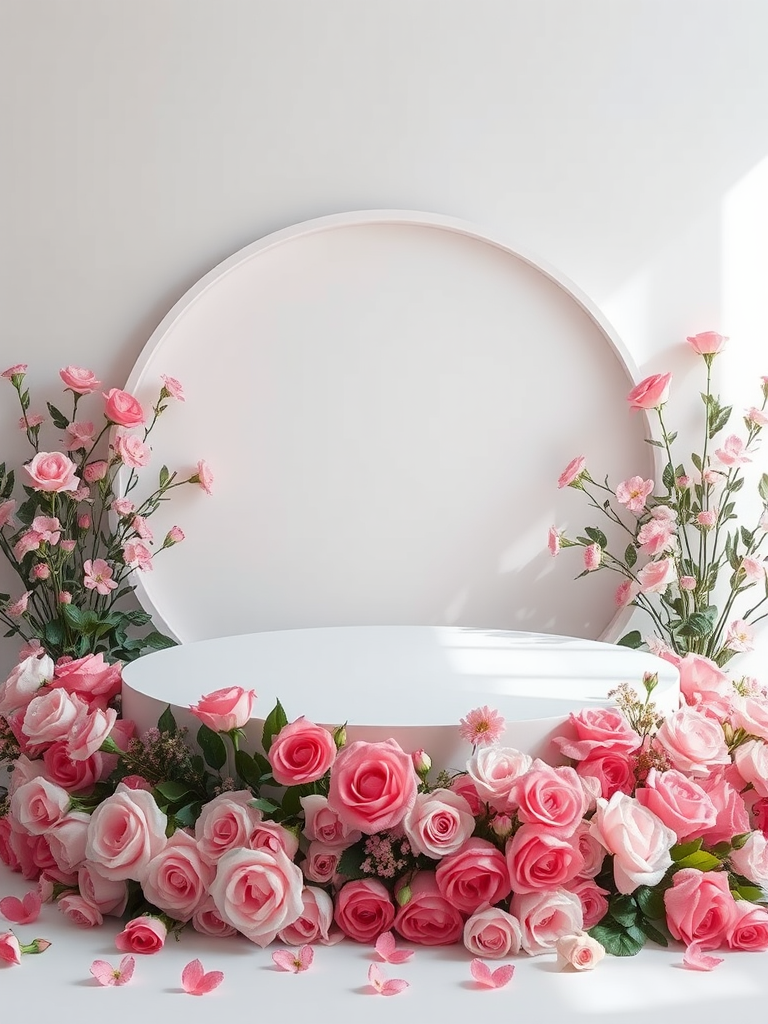 Create a serene floral backdrop featuring an empty circular stage surrounded by a variety of pink roses and blossoms, captured with a Canon EOS R5 at f/2.8, ISO 100, 50mm lens, in soft natural lighting and minimalistic style for enhanced image quality.