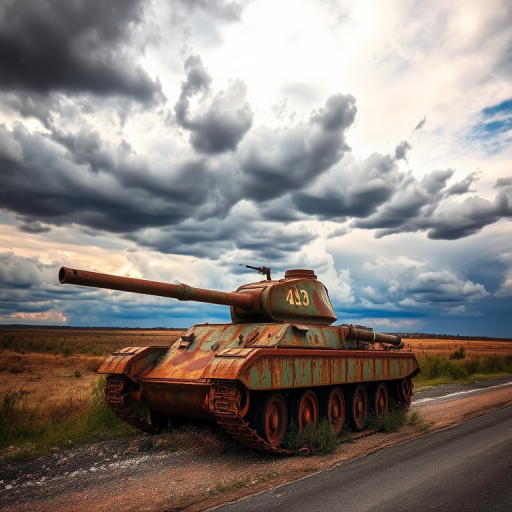 Rusty tank abandoned on a roadside under a dramatic sky with clouds, 24mm, f/8, ISO 100, 1/250s, landscape orientation, HDR photography, digital camera.