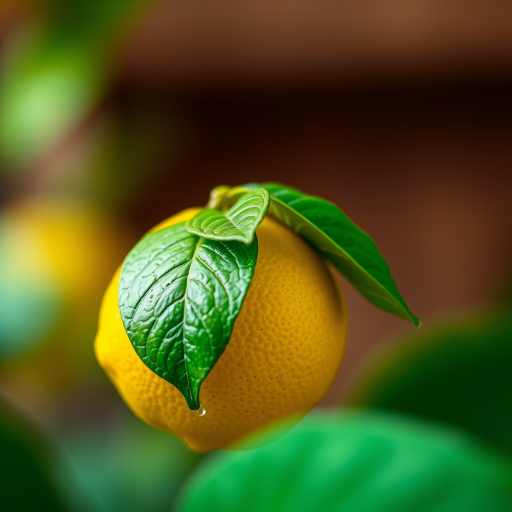 Generate a vibrant illustration of a lemon with a green leaf, using a macro lens at f/2.8 aperture and ISO 100, in a soft natural light setting, capturing intricate details and a blurred background for enhanced contrast.