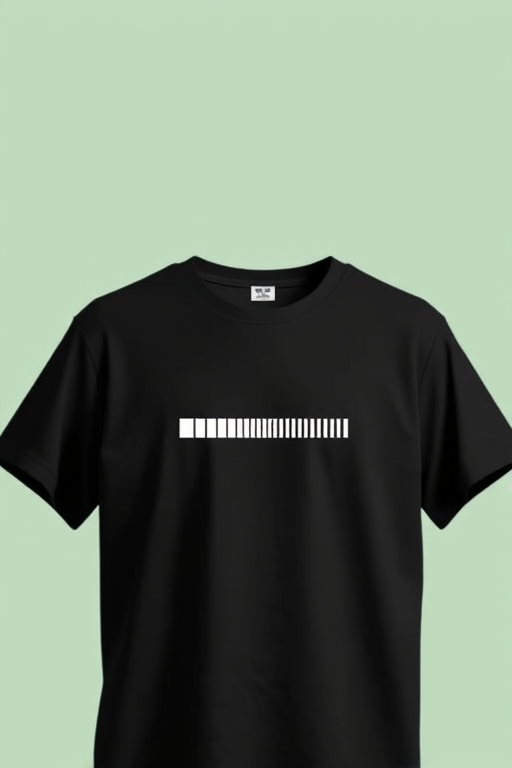 Create a high-resolution illustration of a black t-shirt with a loading bar graphic centered on the front, with a minimalist pastel green background, shot with a Canon EOS R5 camera, 50mm lens, f/1.8 aperture, ISO 100, natural lighting, soft focus for a modern look.