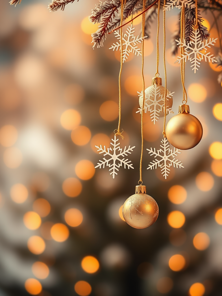 Create a festive winter background featuring soft golden tones with hanging white snowflakes and ornaments. Include a gentle bokeh effect to enhance the dreamy atmosphere, making it perfect for a holiday theme.