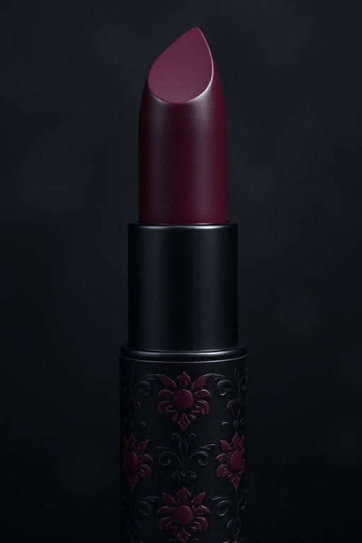 Mysterious deep plum matte lipstick in "Midnight Velvet" style, accentuated by intricate lace-like patterns etched into the surface, creating an alluring and sophisticated look