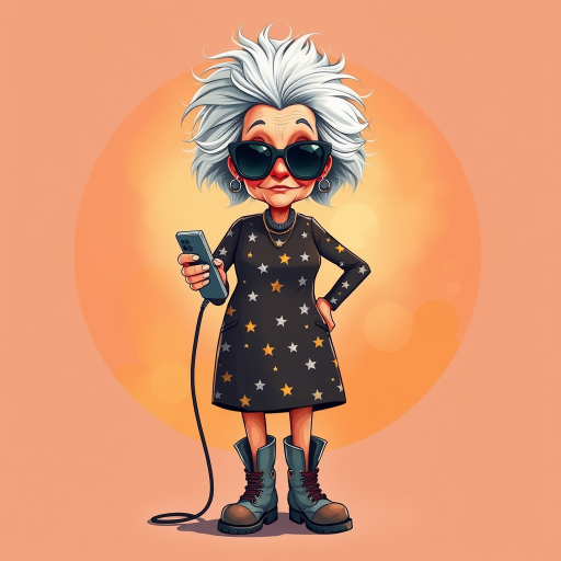 Create an illustration of a quirky, elderly woman with wild gray hair and oversized sunglasses, wearing a star-patterned dress and chunky boots, standing confidently while holding a retro flip phone, set against a vibrant, circular background with warm colors, shot with a high-resolution digital camera, 50mm lens, f/2.8 aperture, natural lighting, shallow depth of field for enhanced detail and focus.