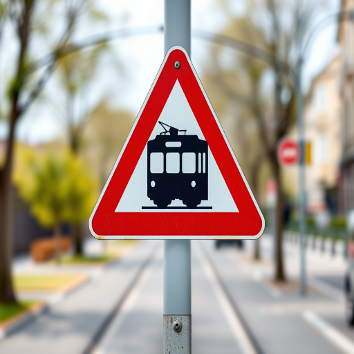 Generate a high-resolution image of a tram warning sign, triangle shape with a red border and a black tram silhouette in the center, captured with a DSLR camera at f/8, ISO 100, 50mm lens, natural light, shot from eye level.