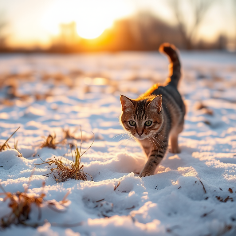 A playful cat exploring a snowy field at golden hour, shallow depth of field, ISO 200, f/2.8, 1/500 sec, 35mm lens, DSLR camera, natural light.