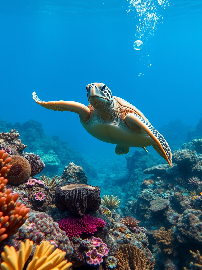 regenerate an underwater scene featuring a sea turtle swimming gracefully among vibrant coral reefs, with bubbles rising around it, use a Canon EOS R5 with a 24-70mm f/2.8 lens, aperture set to f/5.6, shutter speed 1/200s, ISO 100, shot in macro mode at a wide angle for enhanced detail and clarity