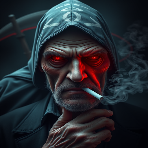 Create a digital art image of a grim reaper figure with glowing red eyes standing behind an elderly man smoking a cigarette, use a high resolution setting of 300 DPI, with a focus on deep shadows and highlights, employ a soft focus lens with a slight vignette effect, and set the view to a medium close-up to emphasize facial expressions and details.