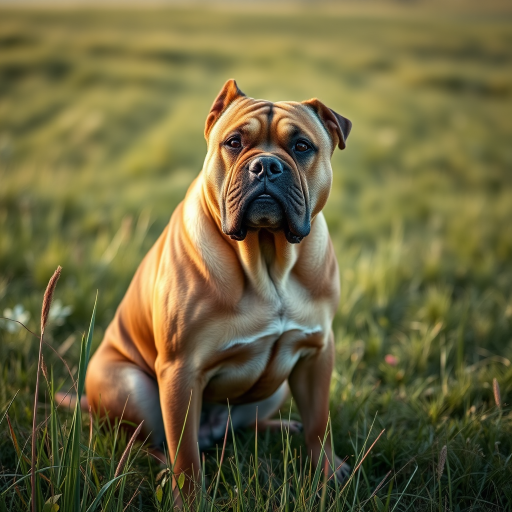 a large muscular dog sitting in a grassy field during the daytime, sharp focus on the dog's features, 50mm lens, f/2.8 aperture, ISO 100, natural lighting, DSLR camera, eye level view, vibrant colors and high resolution