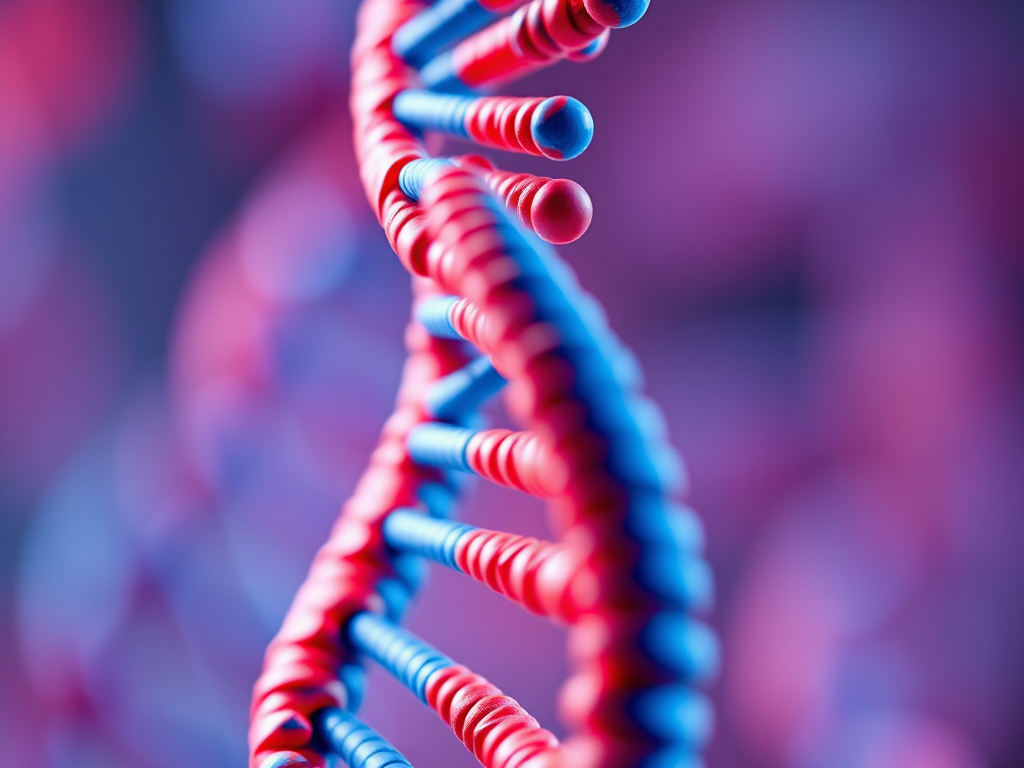 Create a high-resolution digital rendering of a double helix structure with alternating red and blue strands, captured with a Canon EOS R5 at f/8, ISO 100, 50mm lens, in macro photography style, focusing on vibrant colors and intricate details.