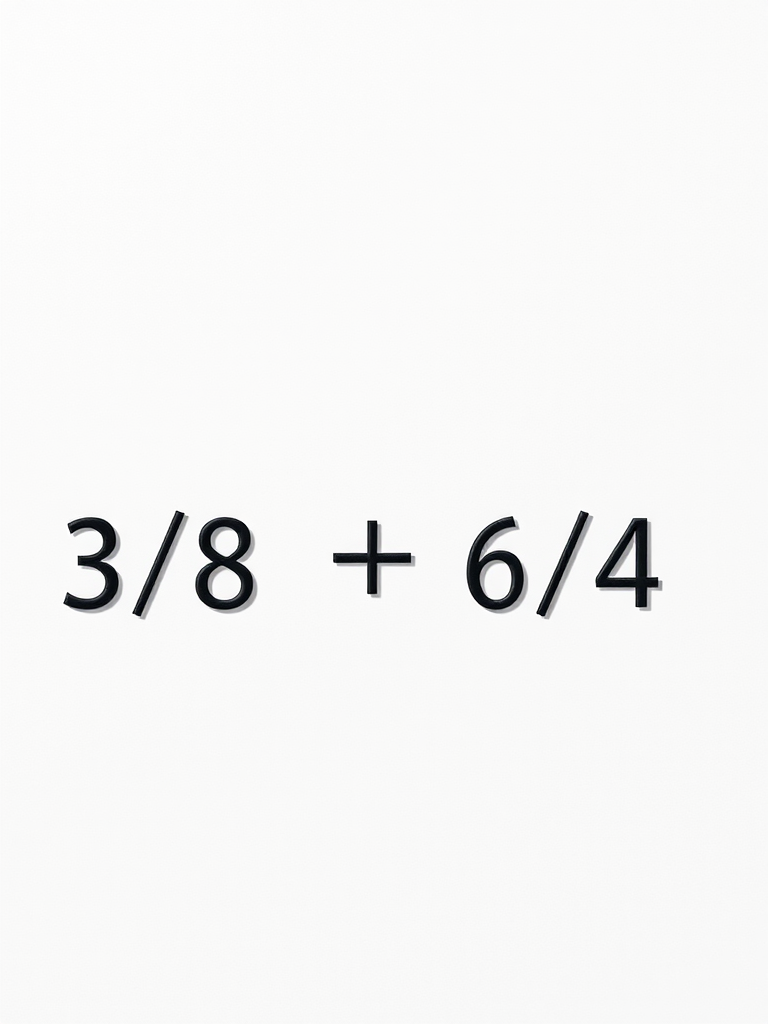 Create a high-resolution image of the mathematical expression 3/8 + 6/4 with a clean, minimalist design, using a DSLR camera with a 50mm lens, aperture f/1.8, 1/100s shutter speed, and natural lighting to enhance clarity and contrast.