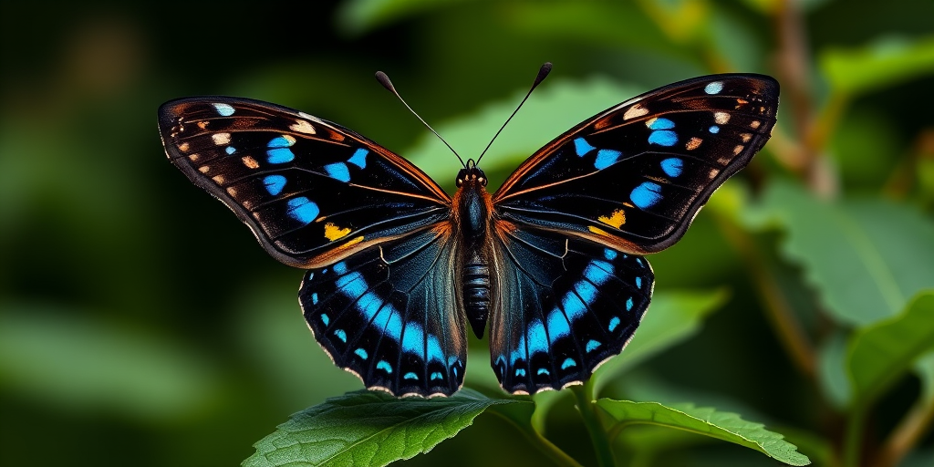 Generate an image of a butterfly with intricate patterns, featuring a black background and bright blue spots. The butterfly is perched on a green leaf with a blurred natural backdrop, emphasizing the vibrant colors and details of its wings.