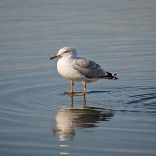 a seagull swimming on calm water with gentle ripples and reflections in soft lighting