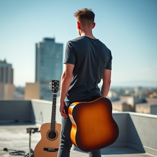 young man standing with back to camera on rooftop with acoustic guitar beside him, bright sunlight, shallow depth of field, f/2.8 aperture, 1/200 sec shutter speed, ISO 100, shot with a DSLR camera using a 50mm lens, natural lighting, clean composition
