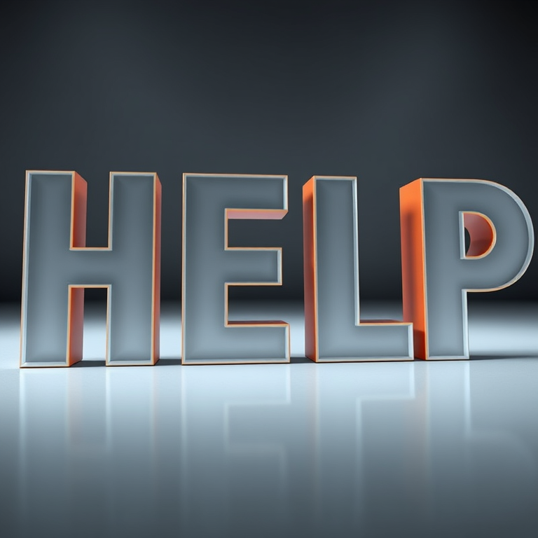 Create an image with the word "HELP" in bold, 3D style with a glossy finish, using a Canon EOS 5D Mark IV, f/2.8 aperture, ISO 100, 50mm lens, shot from a low angle to emphasize depth, with soft studio lighting.
