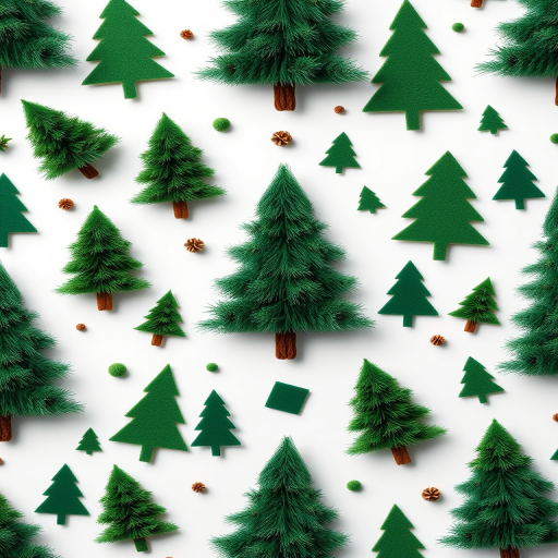create a seamless pattern of various green Christmas trees and geometric tree shapes on a white background captured with a DSLR camera at f/8 aperture, 1/250 sec shutter speed, ISO 200, top-down view, vibrant colors, high resolution