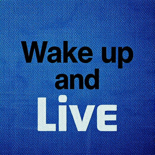 Create an image featuring the phrase "Wake up and live" in bold, stylish typography on a textured blue denim background, captured with a DSLR camera at f/2.8 aperture, 1/250s shutter speed, ISO 200, in a close-up view with soft focus for depth.
