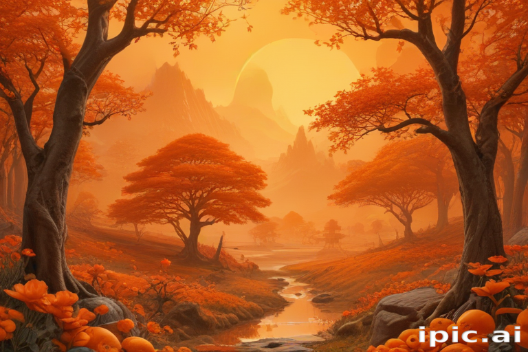 Serene Autumn Landscape with Vibrant Orange Trees and Tranquil Stream