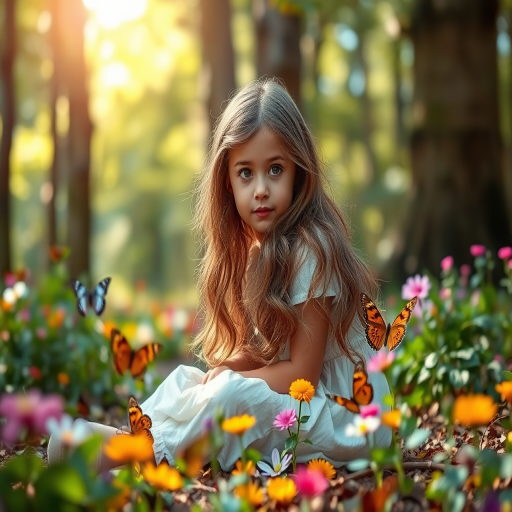 Create a serene forest scene featuring a young girl with long, wavy hair sitting on the ground, surrounded by colorful butterflies and vibrant flowers, with soft sunlight filtering through the trees, captured with a Canon EOS R5, 50mm lens, f/1.8 aperture, ISO 200, and a shallow depth of field for a dreamy effect.