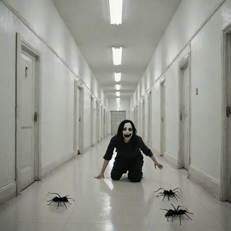a crooked female with long arms and a creepy smile is crawling along a long white corridor and you can also see cockroaches in it there is a creepy atmosphere creepy art style