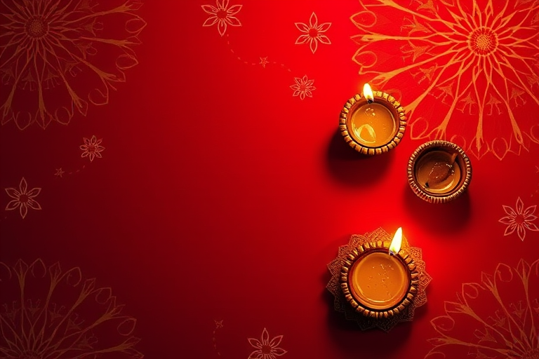 Generate a vibrant Diwali celebration image featuring traditional oil lamps and intricate patterns on a warm red background, captured with a DSLR camera at f/4, ISO 100, 50mm lens, in a top-down view, using soft lighting to enhance colors and details.
